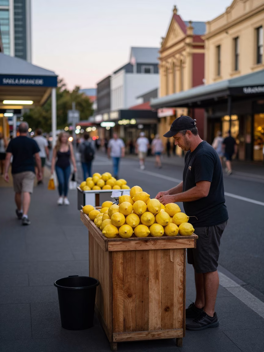 Early Evening Street Scene in Hobart Tasmania with Lemon Stalls and Water Marks in in Hobart, Tasmania, Australia