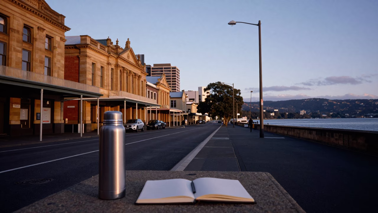 Early Evening Street Scene in Hobart Tasmania with Thermos and Notebook in in Hobart, Tasmania, Australia