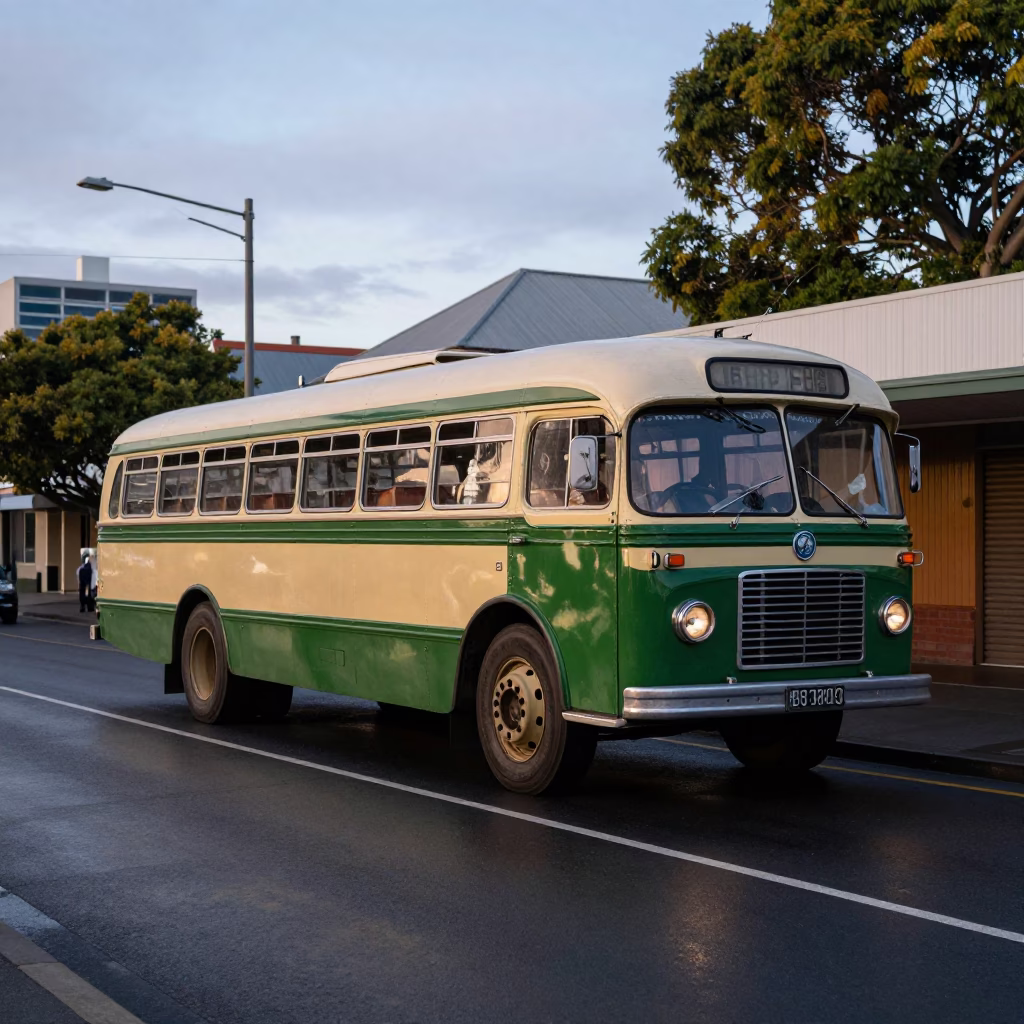 Early evening street scene in Hobart Tasmania with vintage Bedford bus and local life in in Hobart, Tasmania, Australia