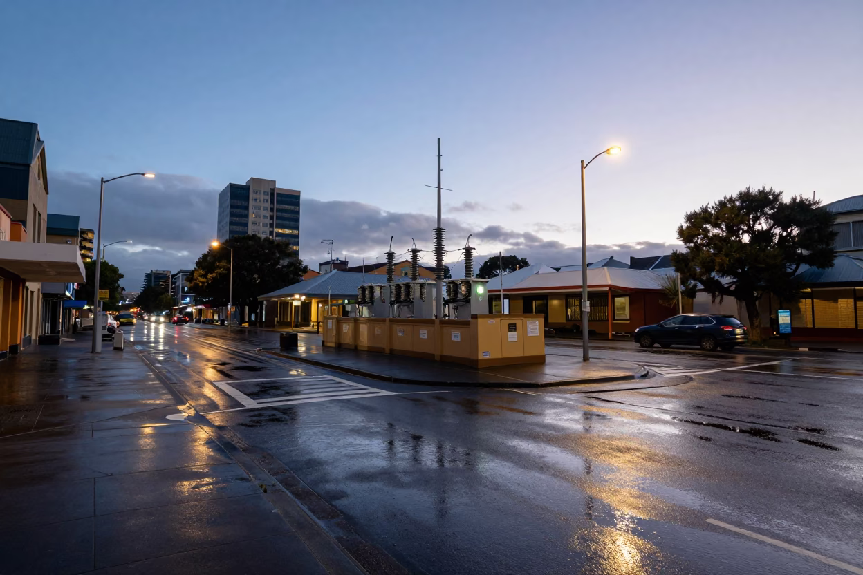 Early Evening Street Scene in Hobart Tasmania with Wet Pavement and Substation Infrastructure in in Hobart, Tasmania, Australia