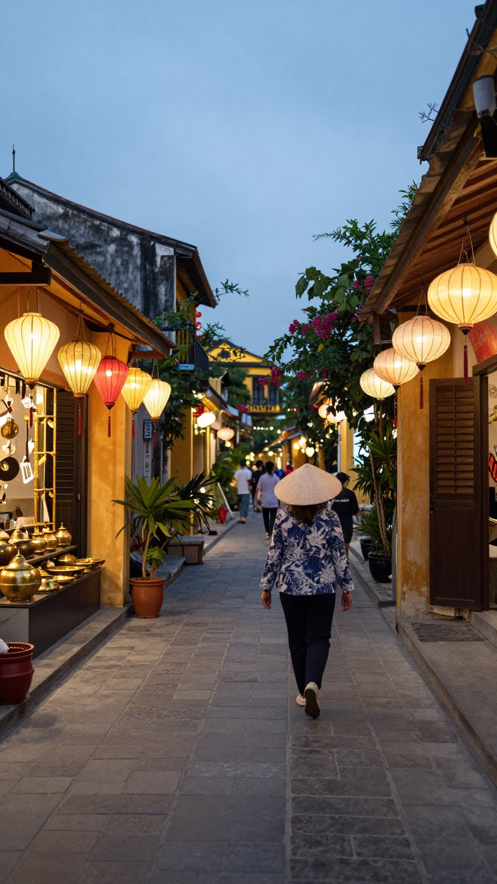 Early Evening Street Scene in Hoi An Vietnam with Lanterns and Local Life in in Hoi An, Vietnam