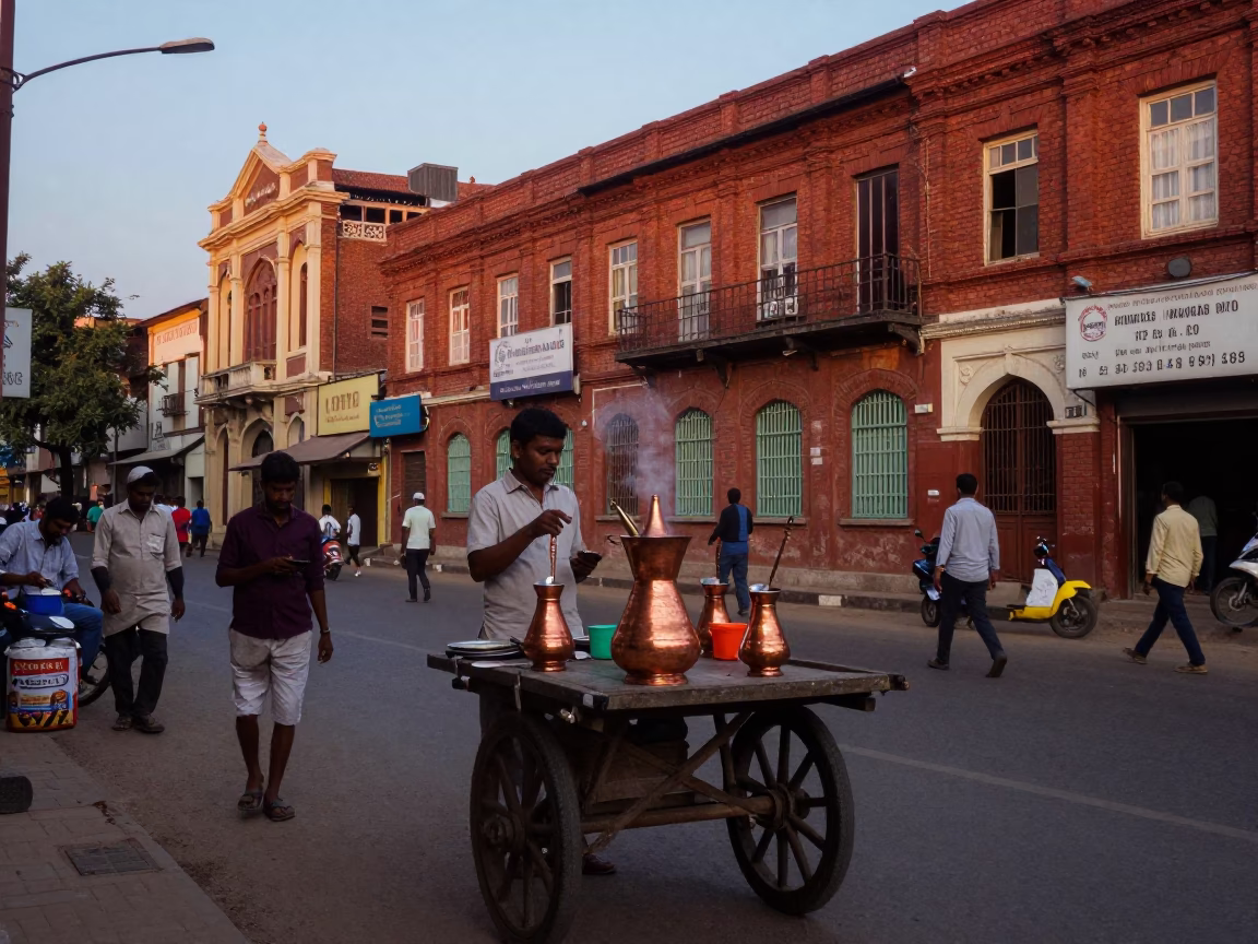 Early Evening Street Scene in Hyderabad India with Copper Cezve and Traditional Architecture in in Hyderabad, India
