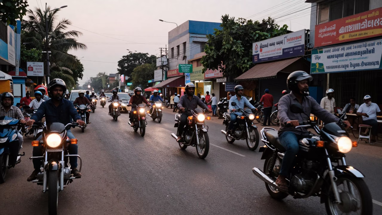 Early Evening Street Scene in Hyderabad India with Motorcycles and Local Shop Details in in Hyderabad, India