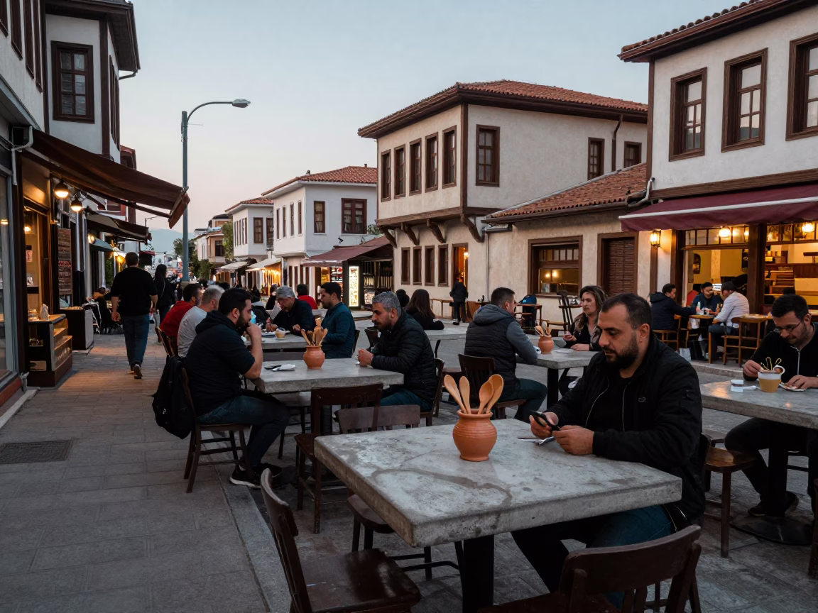 Early Evening Street Scene in Izmir Turkey with Local Cafe Culture and Harbor Views in in Izmir, Turkey