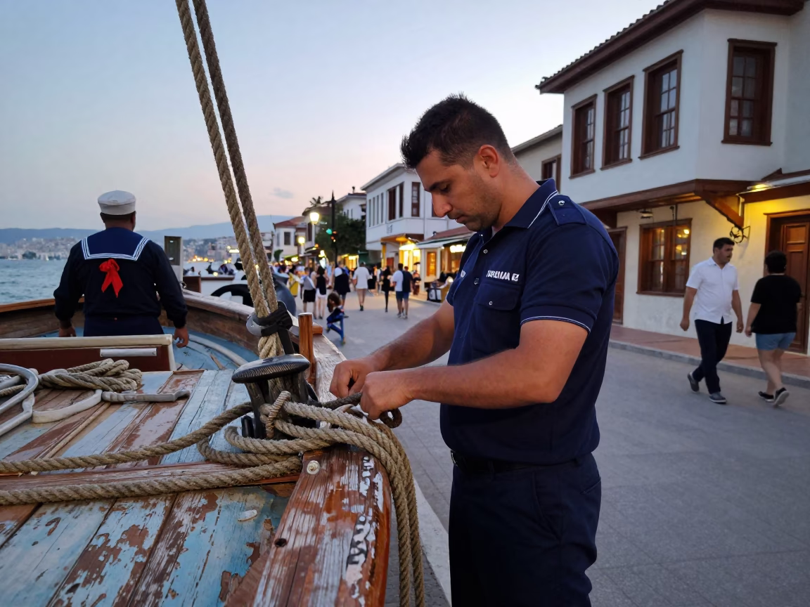 Early Evening Street Scene in Izmir Turkey with Sailor and Local Details in in Izmir, Turkey