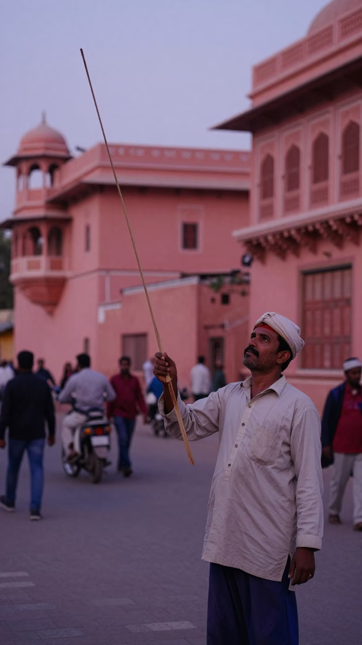 Early Evening Street Scene in Jaipur India with Kite Reel and Traditional Architecture in in Jaipur, India