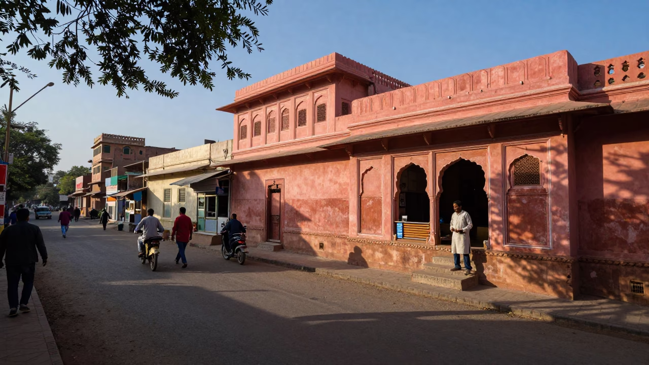 Early Evening Street Scene in Jaipur India with Leaf Shadows on Fabric and Tree in in Jaipur, India