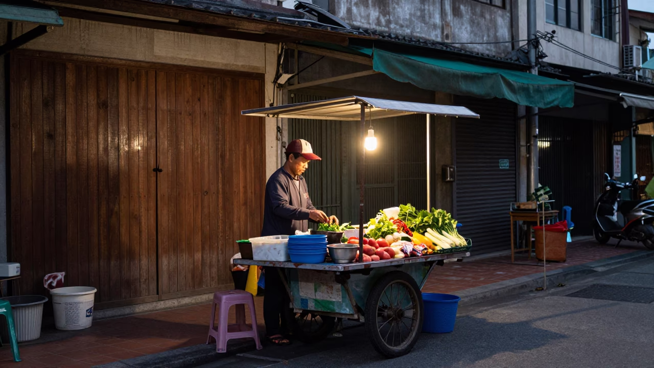 Early Evening Street Scene in Kaohsiung Taiwan with Vendor and Wooden Flute in in Kaohsiung, Taiwan