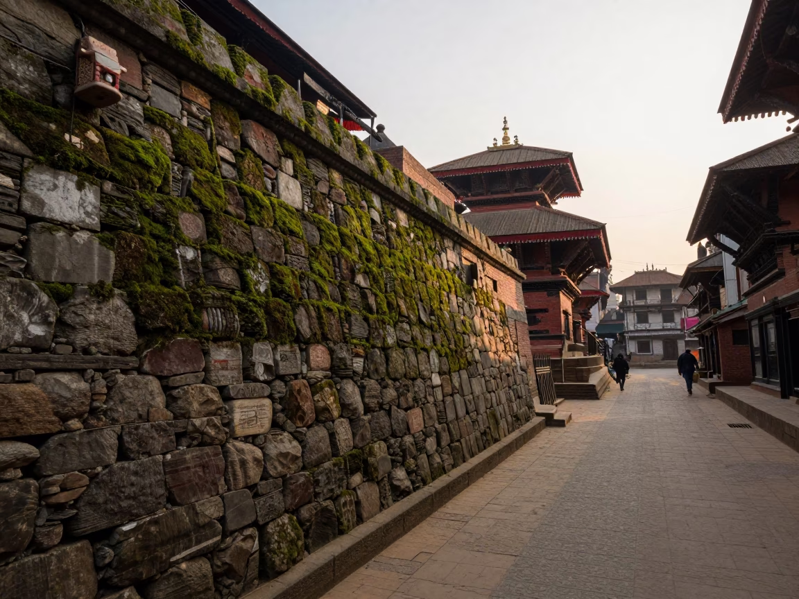Early Evening Street Scene in Kathmandu Nepal with Mossy Stone Wall and Local Life in in Kathmandu, Nepal