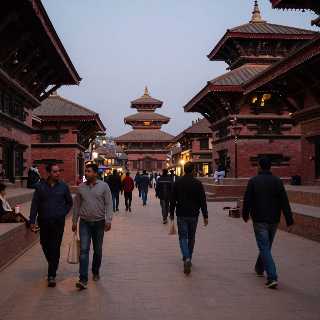 Early Evening Street Scene in Kathmandu Nepal with Pedestrians and Traditional Architecture in in Kathmandu, Nepal