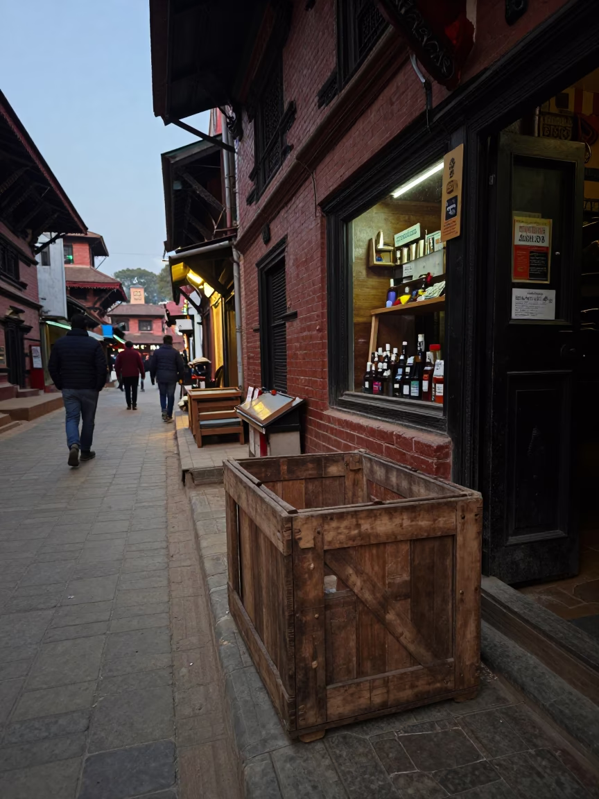 Early Evening Street Scene in Kathmandu Nepal with Wooden Crate and Twine Spool in in Kathmandu, Nepal