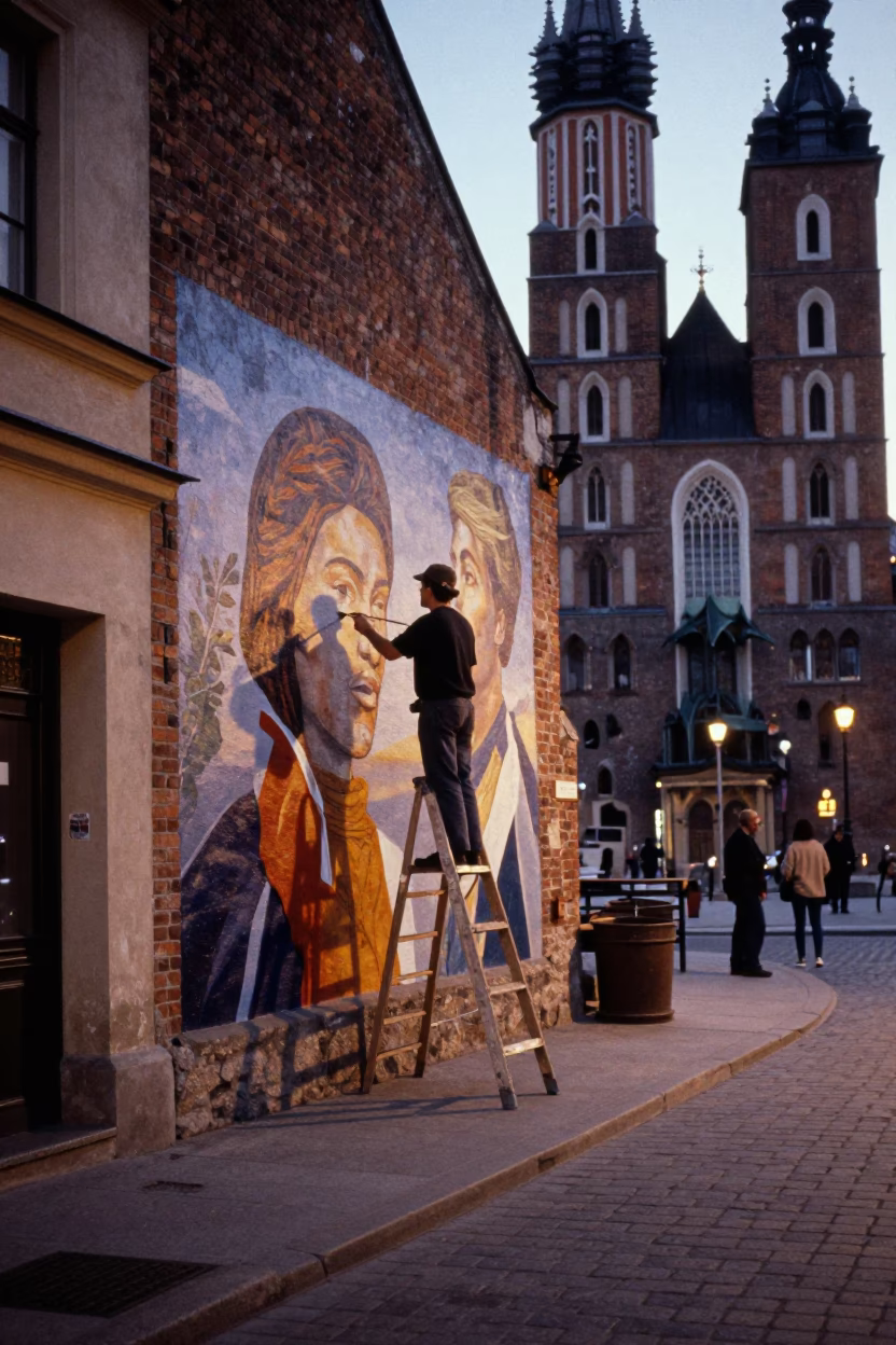Early Evening Street Scene in Krakow Poland with Artist Painting Mural on Brick Wall in in Krakow, Poland