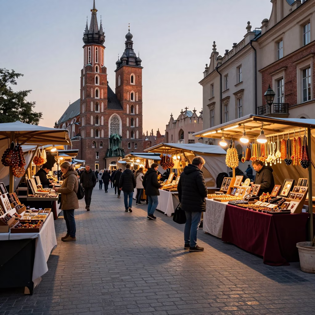 Early Evening Street Scene in Krakow Poland with Busy Market Stalls and Local Pedestrians in in Krakow, Poland
