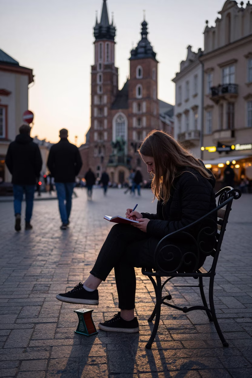 Early Evening Street Scene in Krakow Poland with Notebook and Bookend in in Krakow, Poland