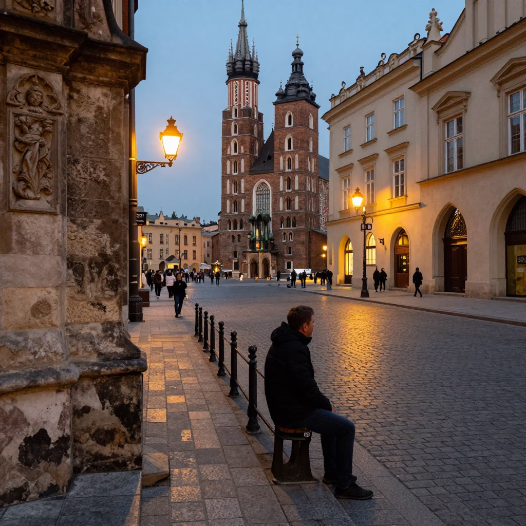 Early Evening Street Scene in Krakow Poland with Stair Rail and Cup in in Krakow, Poland