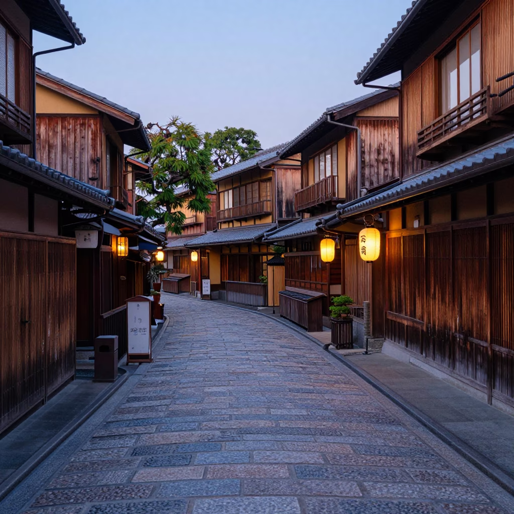 Early Evening Street Scene in Kyoto Japan with Traditional Wooden Facades and Lanterns in in Kyoto, Japan