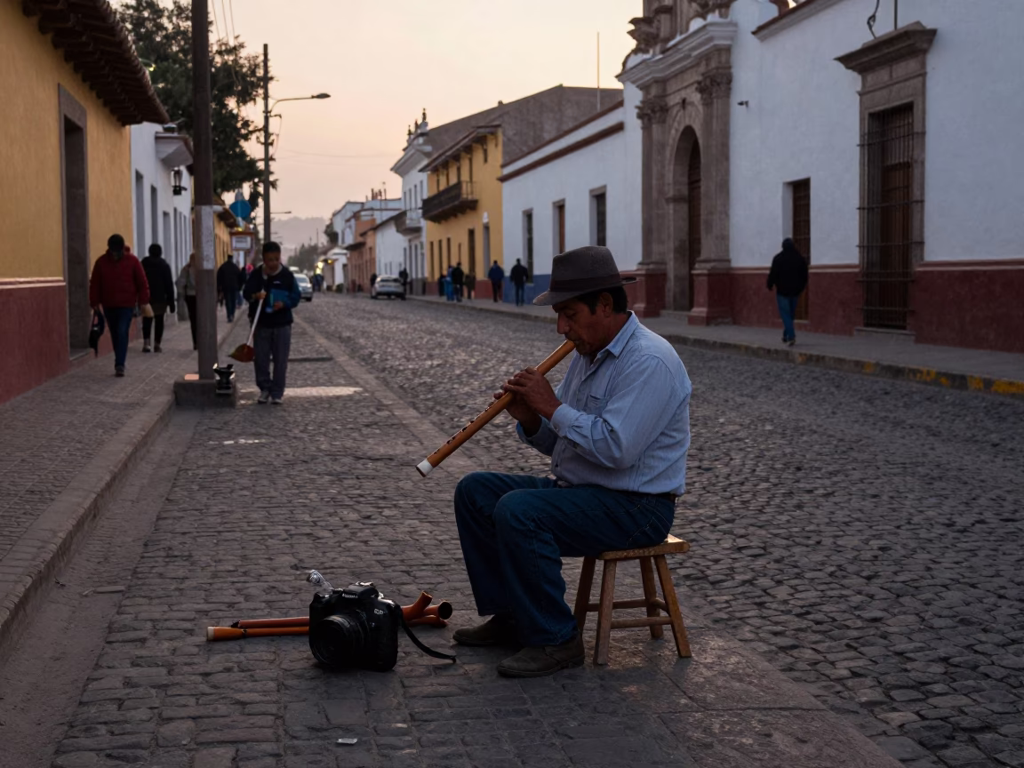 Early Evening Street Scene in Lima Peru with Local Craftsman and Wooden Flute in in Lima, Peru