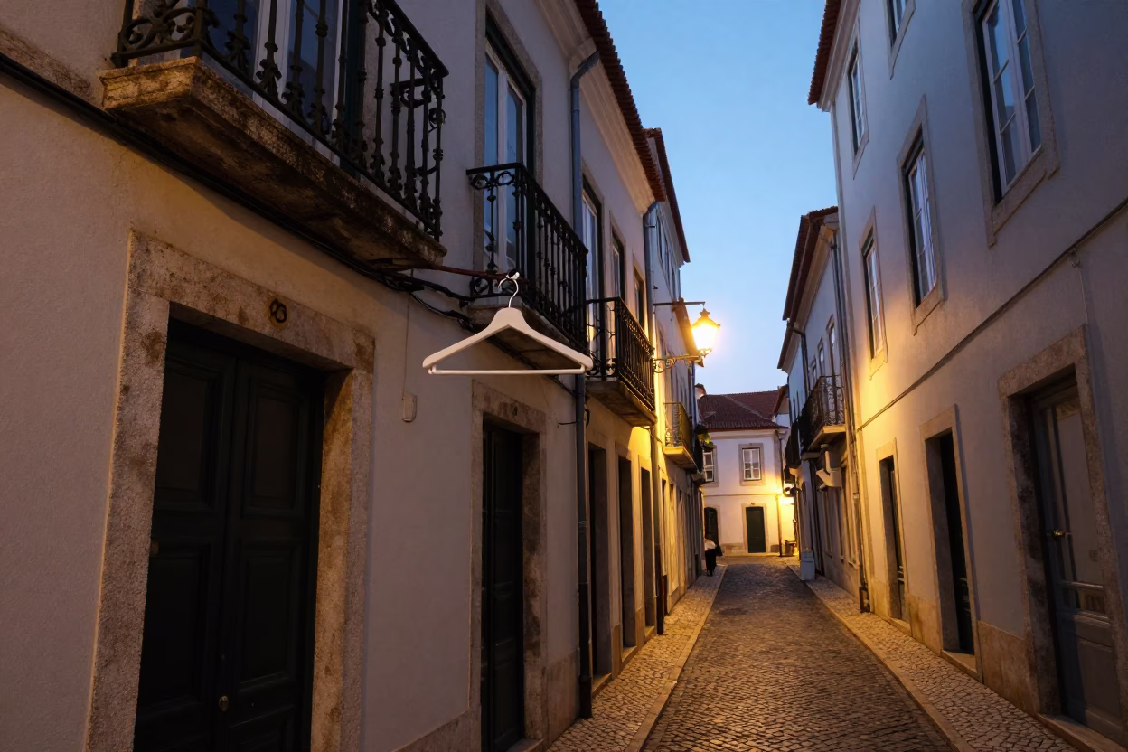 Early evening street scene in Lisbon Portugal with shirt hanger and traditional azulejo tiles in in Lisbon, Portugal