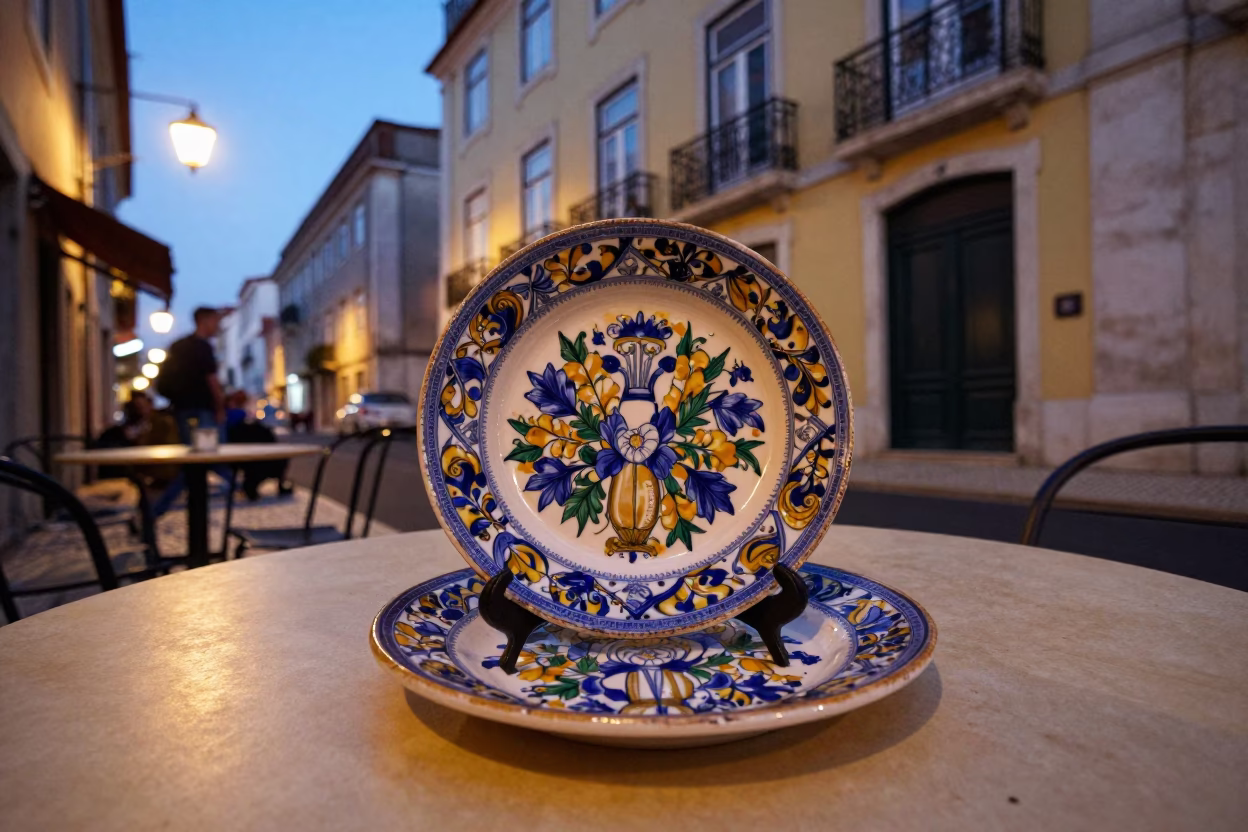 Early Evening Street Scene in Lisbon Portugal with Vintage Majolica Plate and Cooler Jug in in Lisbon, Portugal