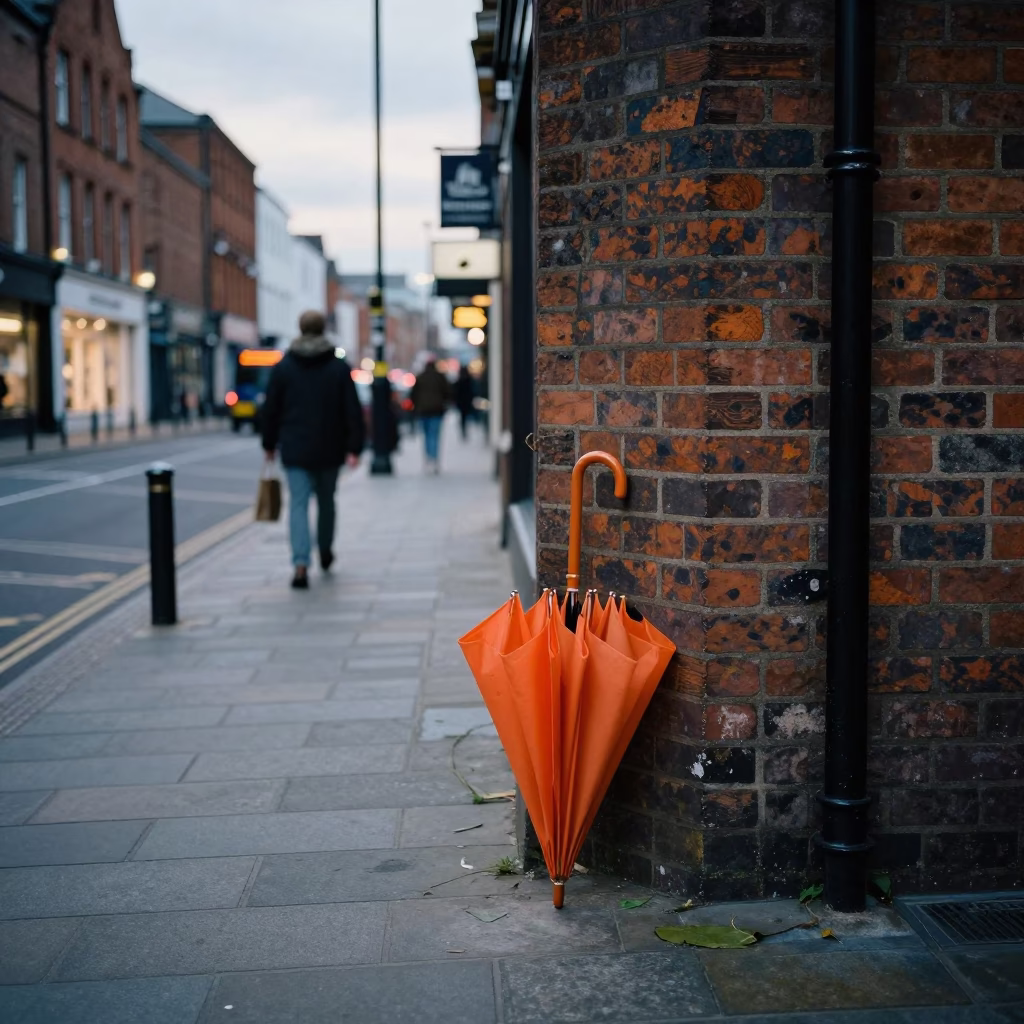 Early Evening Street Scene in Liverpool United Kingdom with Umbrella Stand and Chair in in Liverpool, United Kingdom