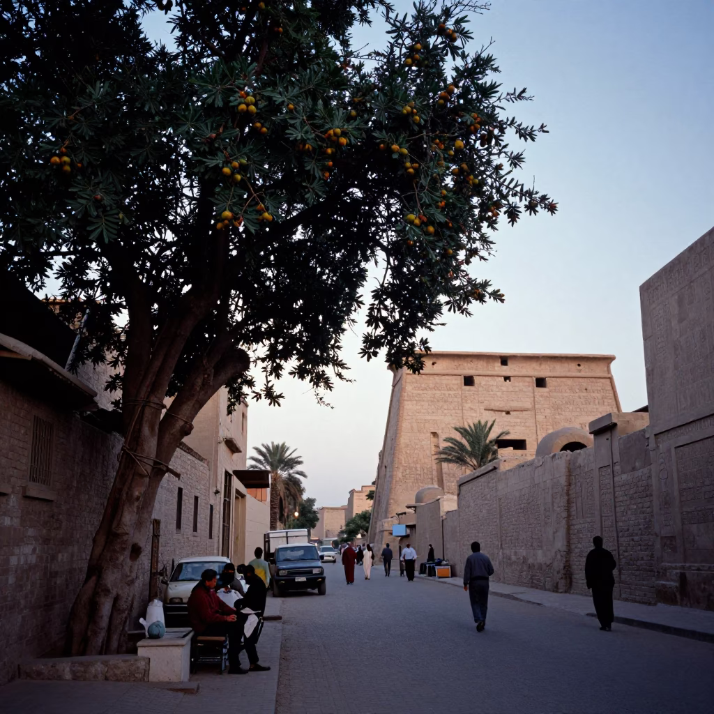 Early Evening Street Scene in Luxor Egypt with Fig Tree and Wooden Chair in in Luxor, Egypt