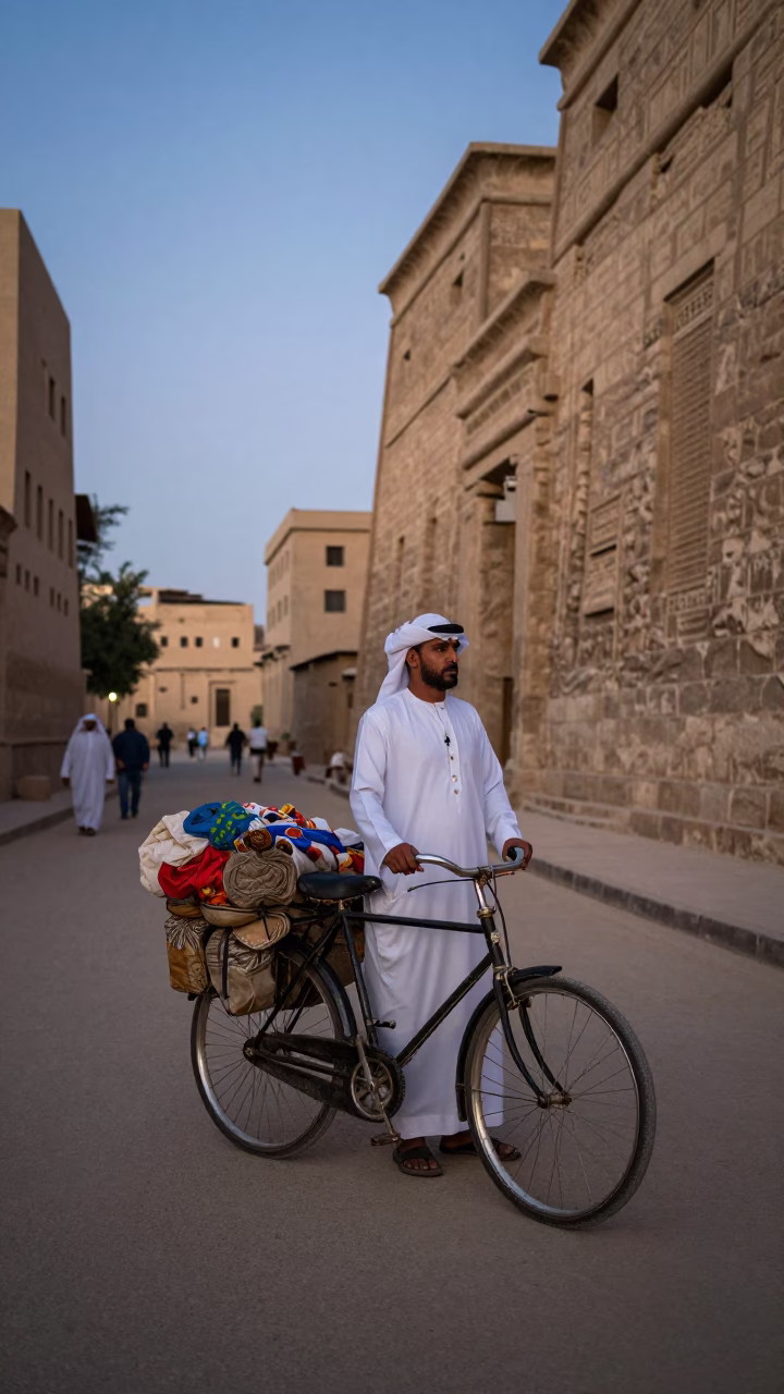 Early Evening Street Scene in Luxor Egypt with Vintage Bicycle and Local Market Activity in in Luxor, Egypt