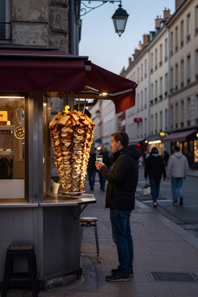 Early Evening Street Scene in Lyon France with Kebab Shop and Ayran in in Lyon, France