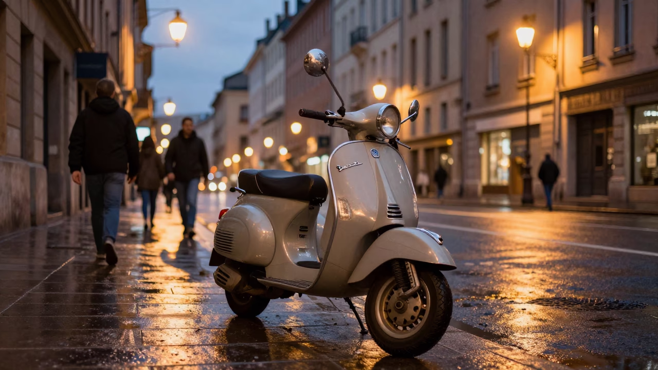 Early Evening Street Scene in Lyon France with Vintage Vespa and Cobblestone Lane in in Lyon, France
