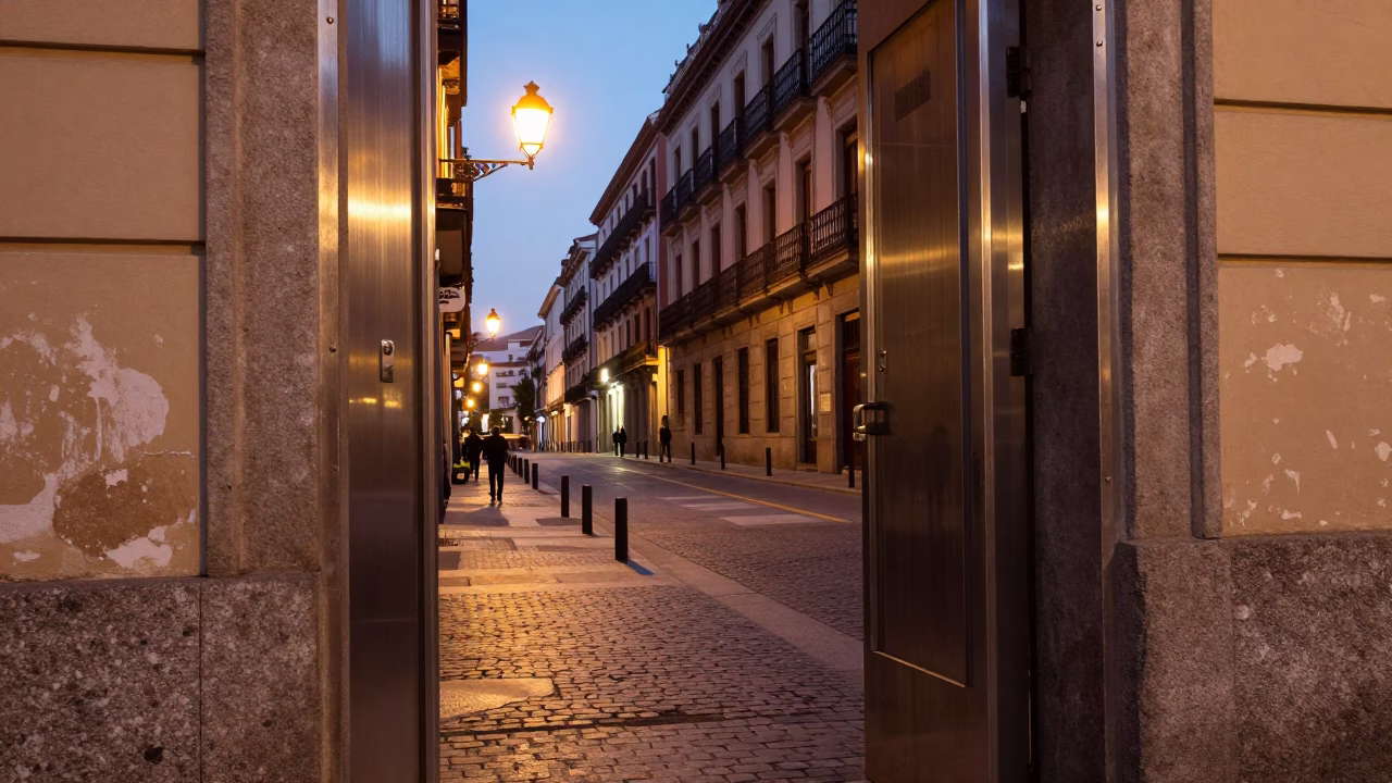 Early Evening Street Scene in Madrid Spain with Brushed Steel Doorframe and Window Curtains in in Madrid, Spain