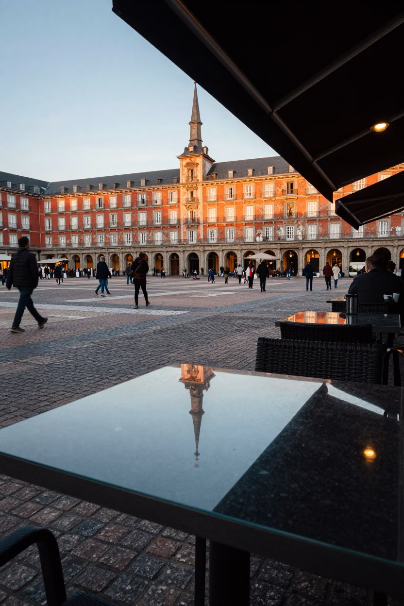 Early Evening Street Scene in Madrid Spain with Clear Glass Countertop and Urban Life in in Madrid, Spain