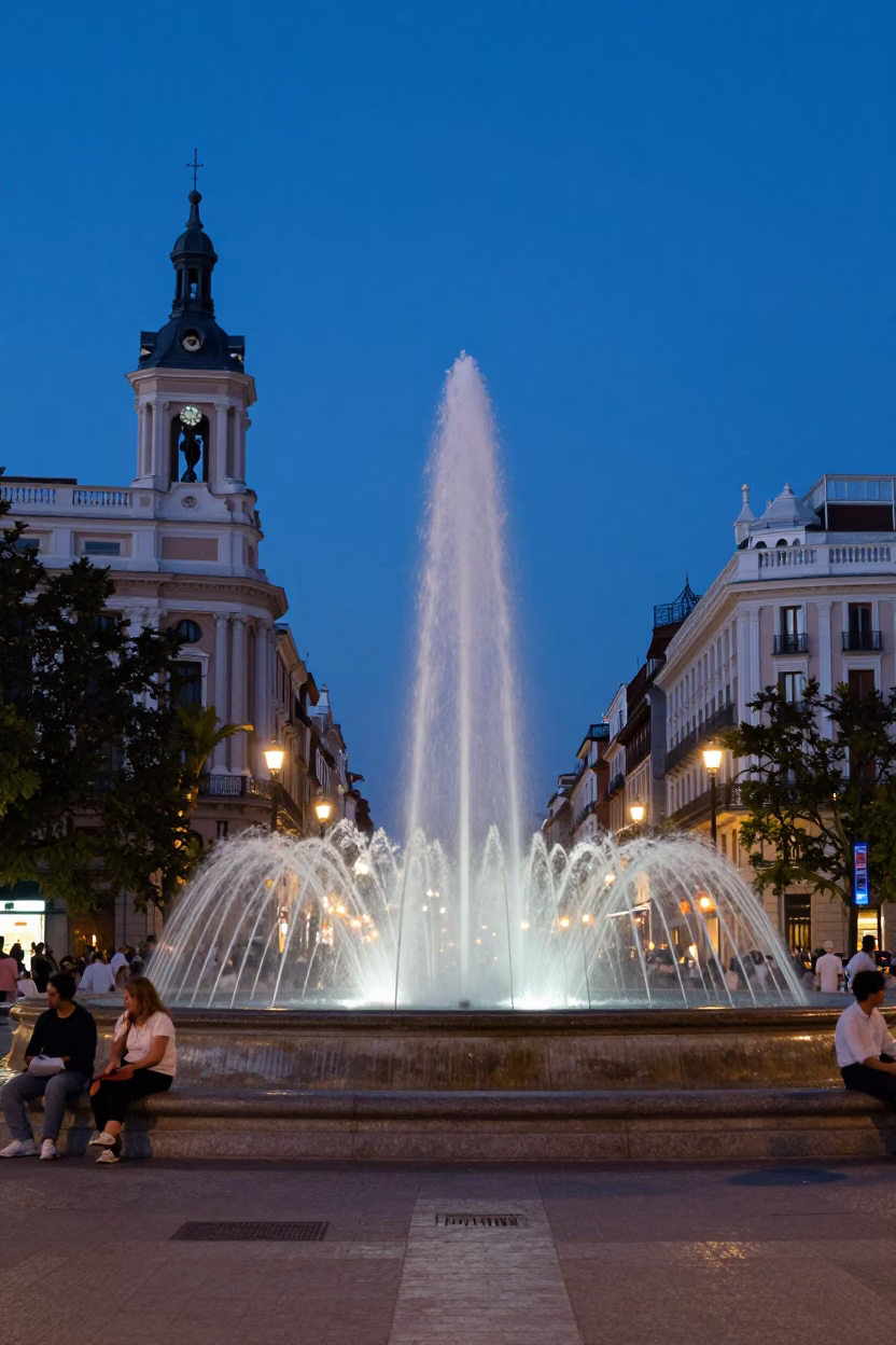 Early Evening Street Scene in Madrid Spain with Fountain and Evening Light in in Madrid, Spain