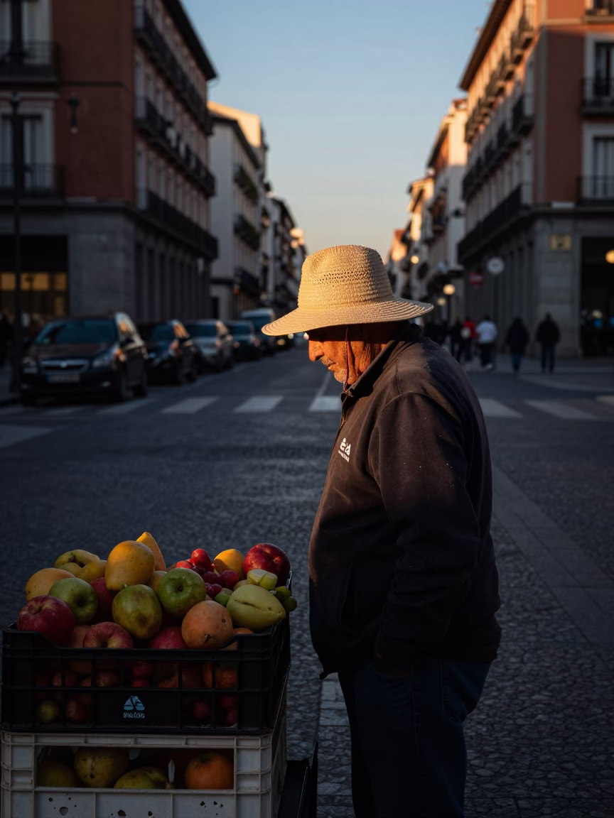 Early Evening Street Scene in Madrid Spain with Fruit Crate and Sun Hat in in Madrid, Spain