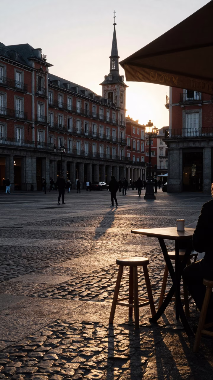 Early Evening Street Scene in Madrid Spain with Local Cafe Atmosphere and Pedestrians in in Madrid, Spain