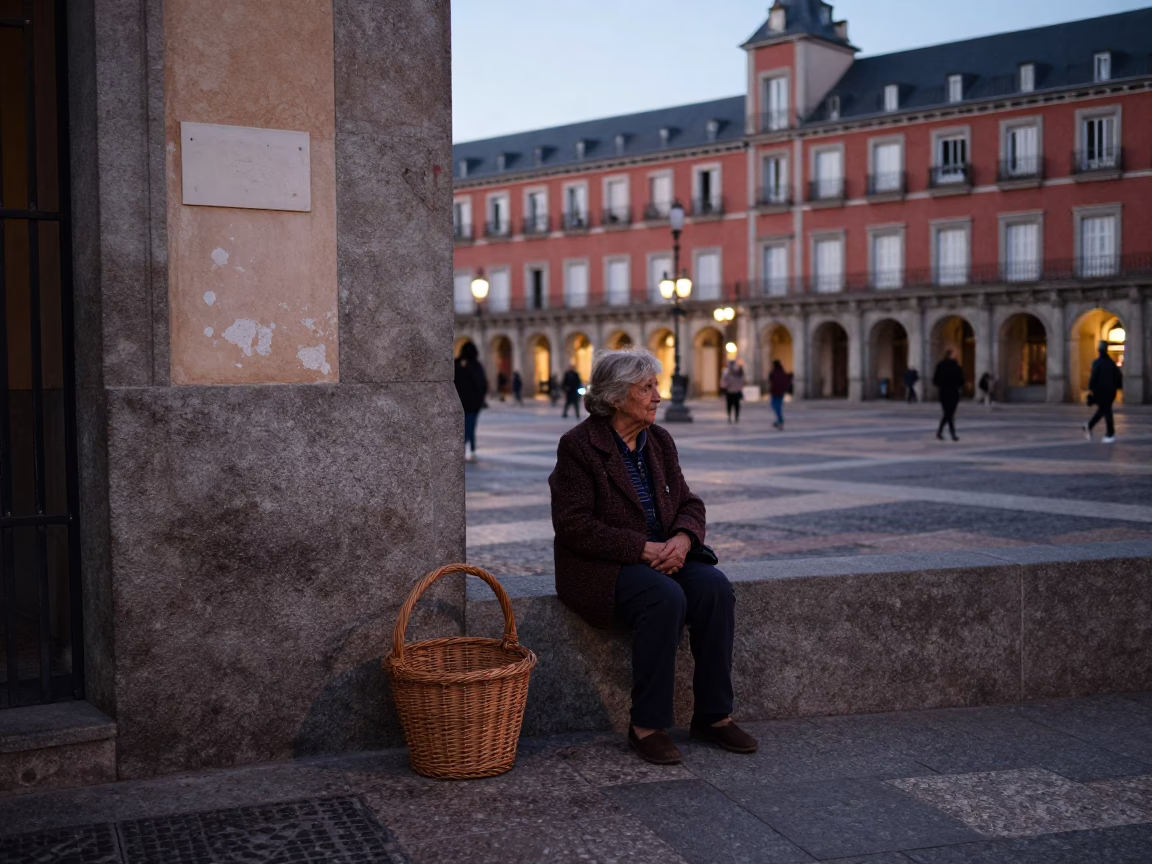 Early Evening Street Scene in Madrid Spain with Wicker Hamper and Paperbacks in in Madrid, Spain