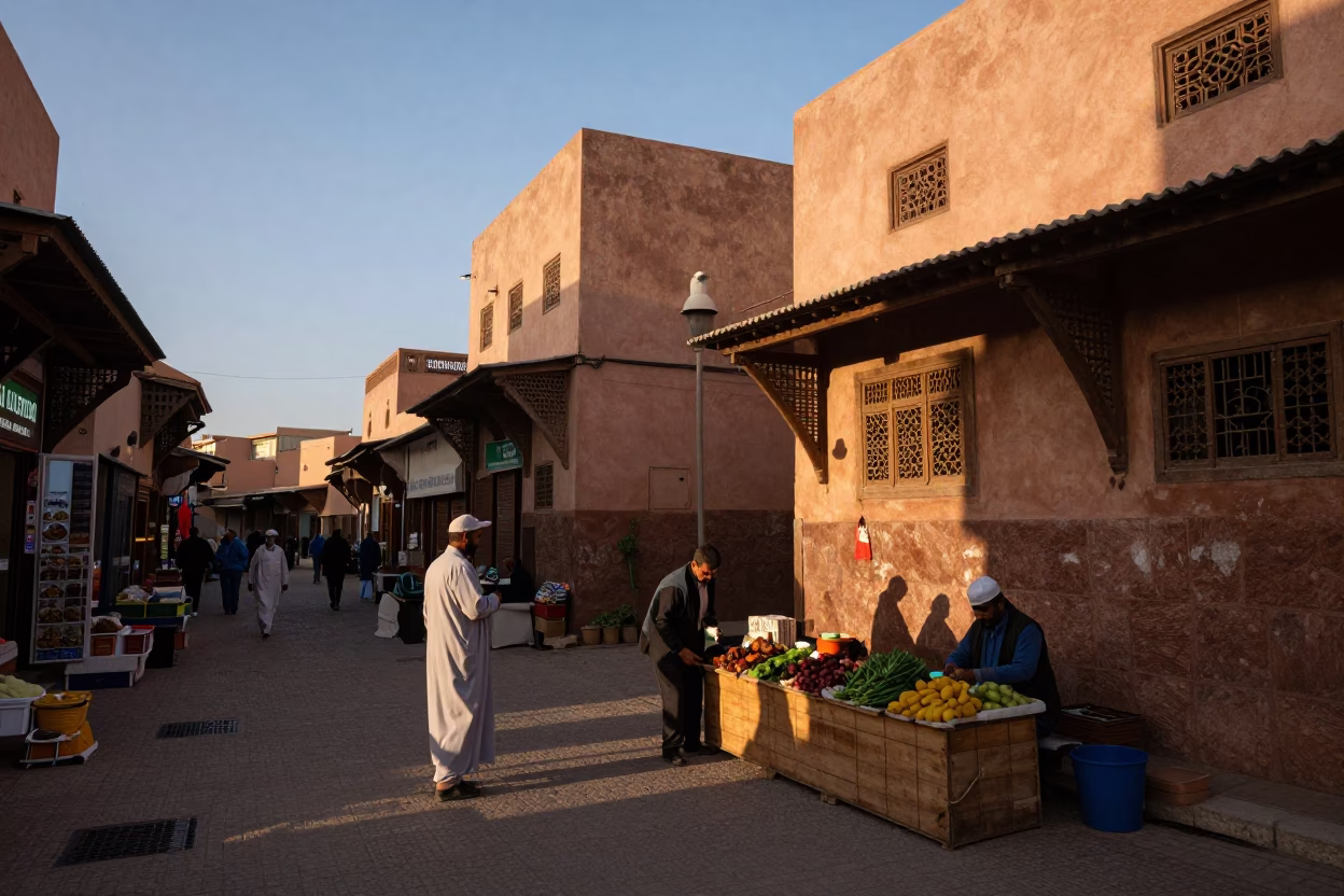 Early Evening Street Scene in Marrakech Morocco with Traditional Architecture and Daily Life in in Marrakech, Morocco