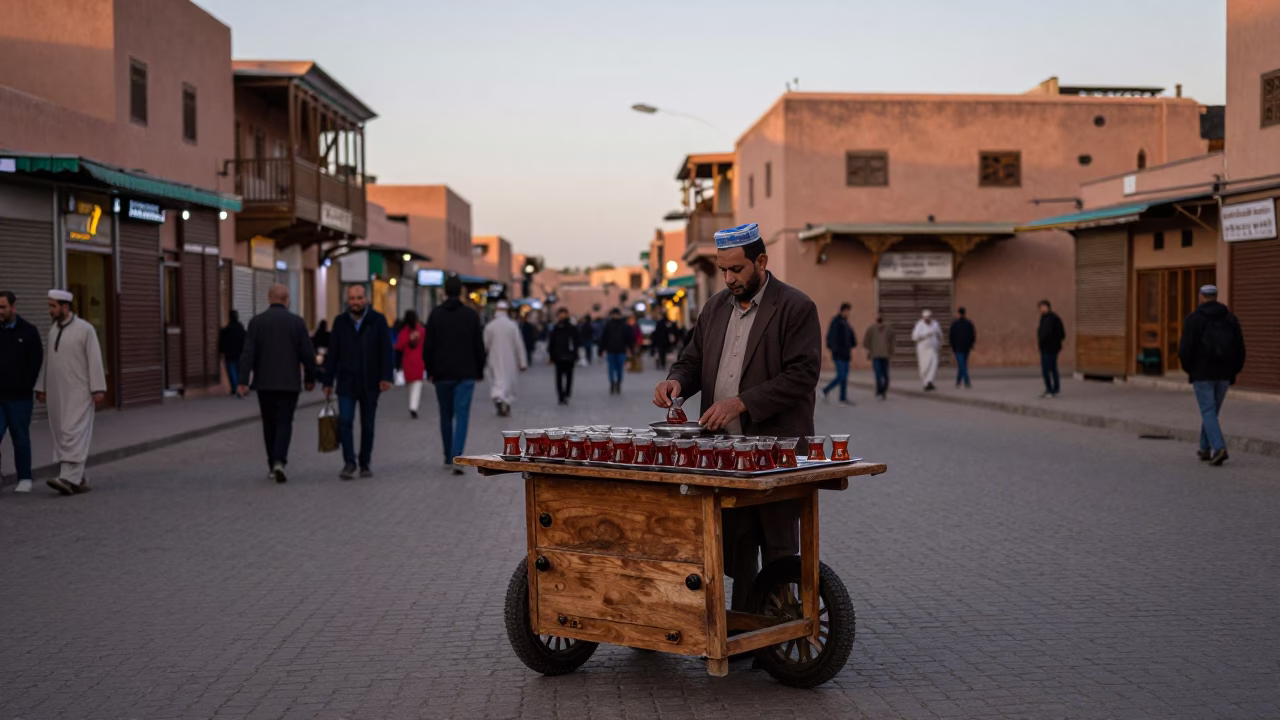 Early Evening Street Scene in Marrakech Morocco with Traditional Tea Service in in Marrakech, Morocco