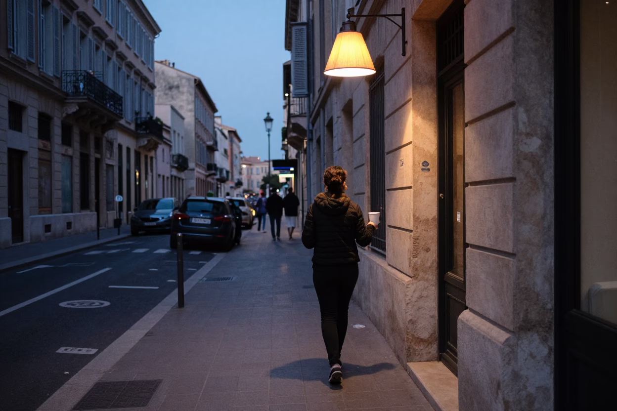 Early Evening Street Scene in Marseille France with Cup and Lampshade in in Marseille, France