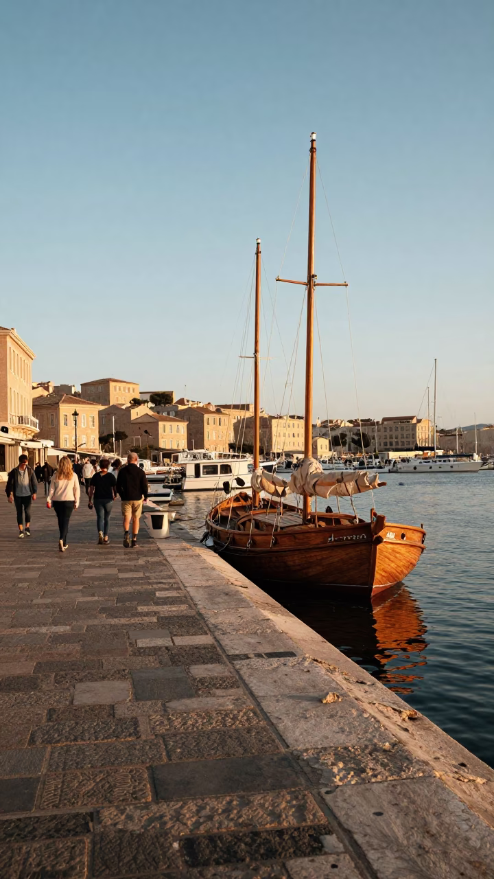 Early Evening Street Scene in Marseille France with Wooden Sailboat and Vintage Charm in in Marseille, France