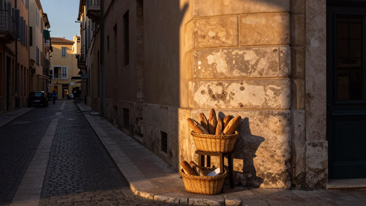 Early Evening Street Scene in Marseille France with Woven Bread Basket and Amaryllis Flowers in in Marseille, France