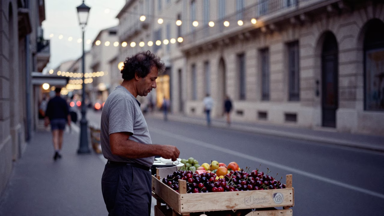 Early Evening Street Scene in Marseille with String Lights and Cherry Stall in in Marseille, France