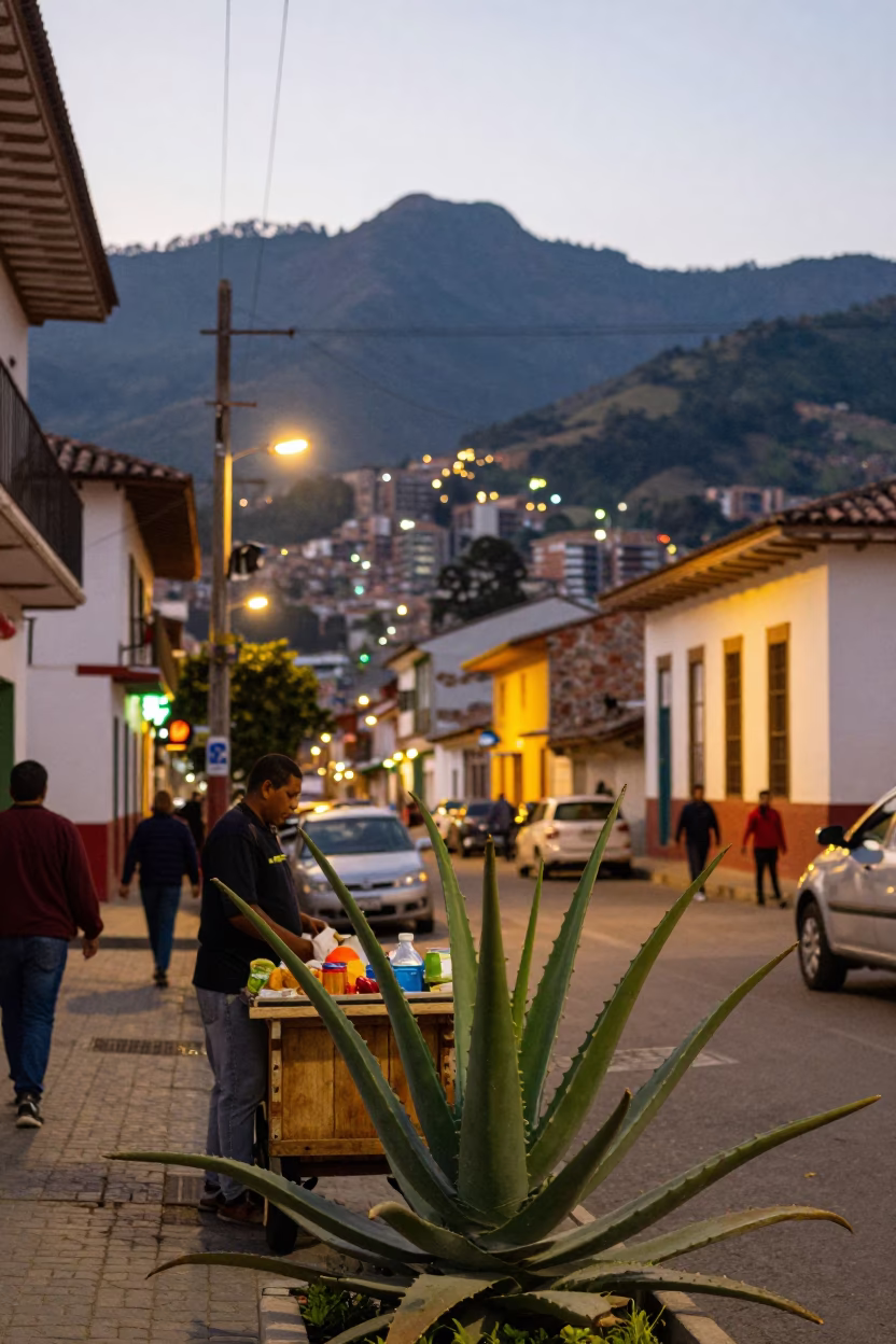 Early Evening Street Scene in Medellin Colombia with Aloe Vera Plant and Churros in in Medellin, Colombia