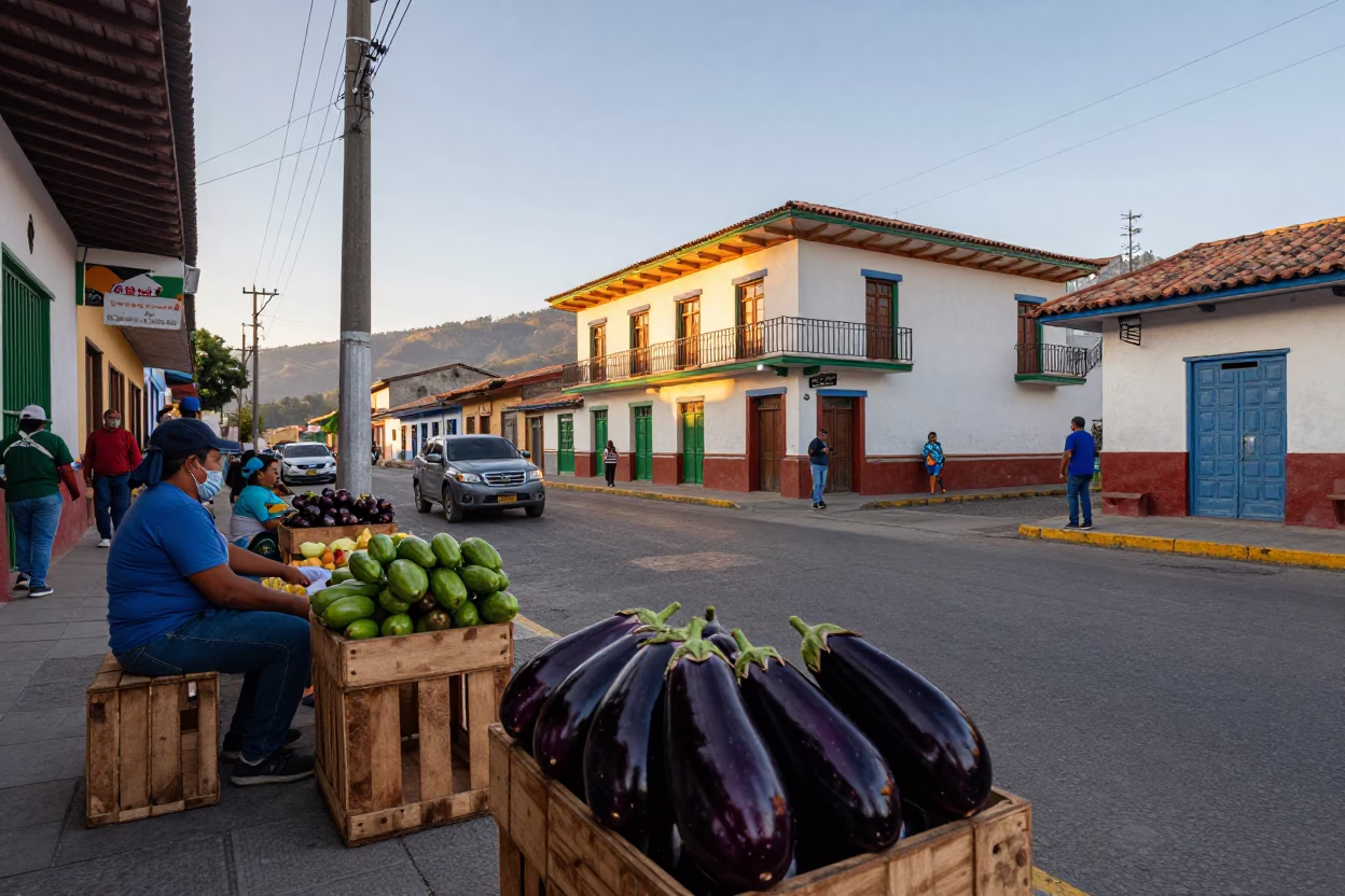 Early Evening Street Scene in Medellin Colombia with Eggplants and Local Market Activity in in Medellin, Colombia