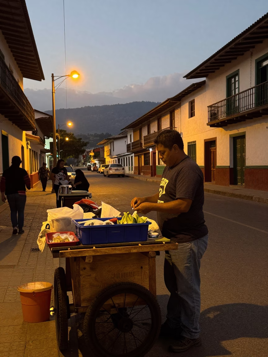 Early Evening Street Scene in Medellin Colombia with Local Vendor and Ledger in in Medellin, Colombia
