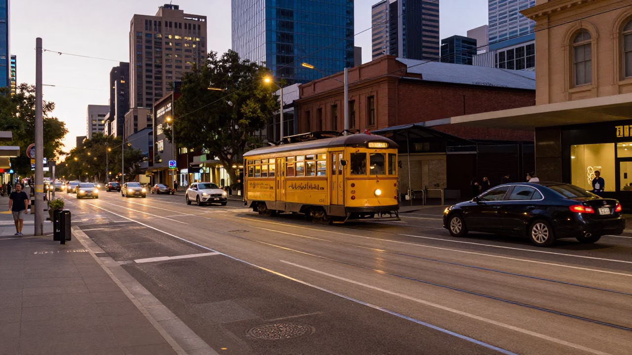 Early Evening Street Scene in Melbourne Victoria Australia with Vintage Cars and Tram Tracks in in Melbourne, Victoria, Australia