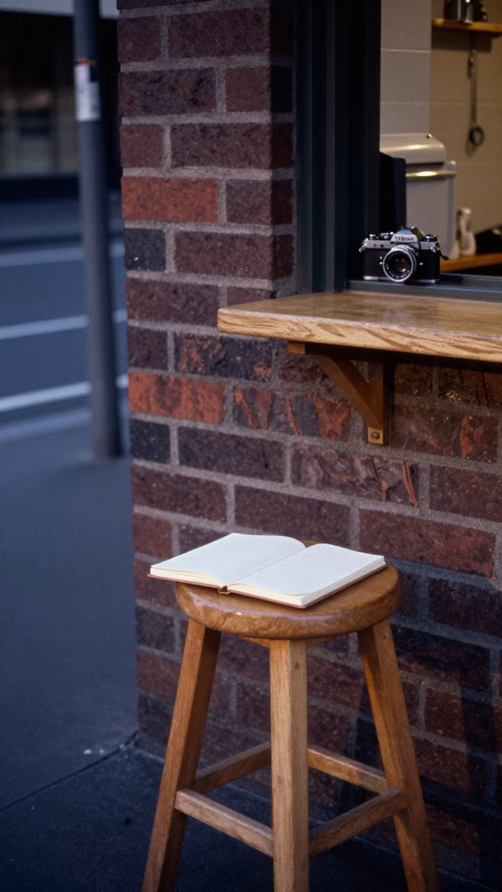 Early Evening Street Scene in Melbourne Victoria with Notebook and Kitchen Stool in in Melbourne, Victoria, Australia