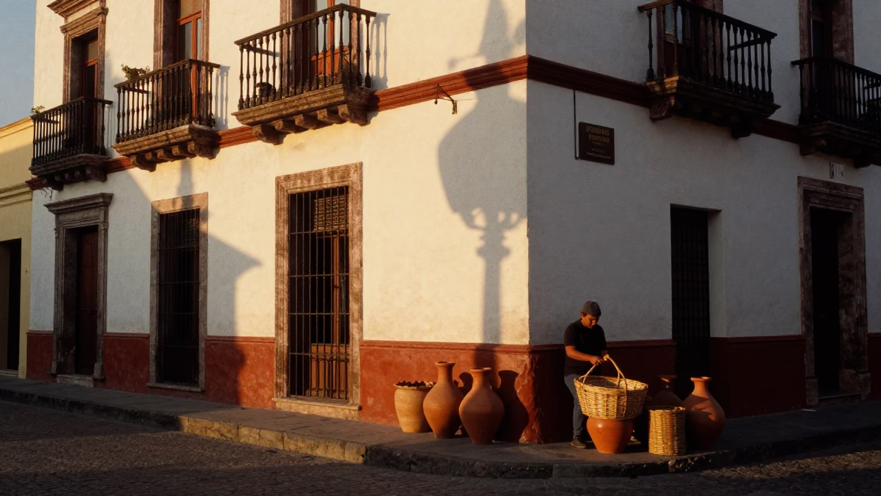 Early Evening Street Scene in Merida Mexico with Clay Pots and Wicker Shadows in in Merida, Mexico