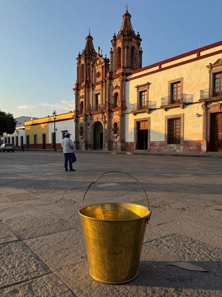 Early Evening Street Scene in Merida Mexico with Polished Brass Bucket and Deck Chair in in Merida, Mexico