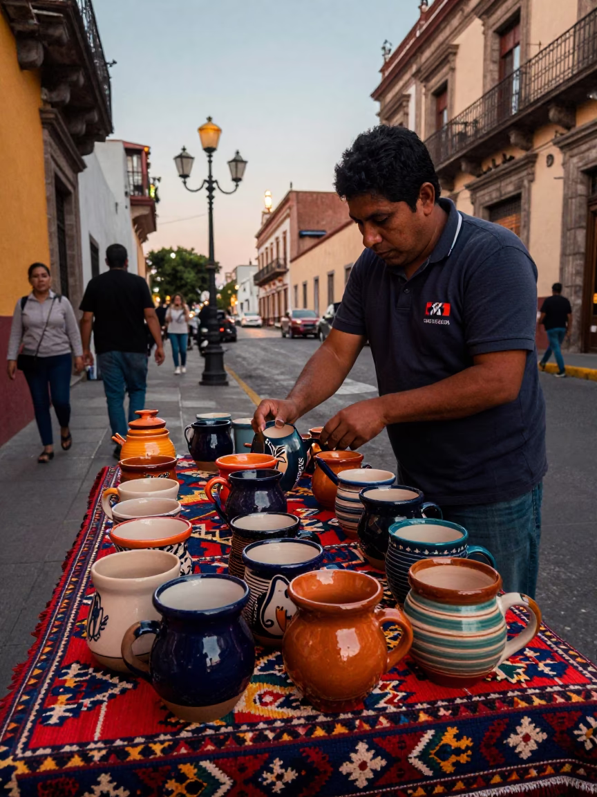 Early Evening Street Scene in Mexico City With Ceramic Mugs and Patterned Rug in in Mexico City, Mexico