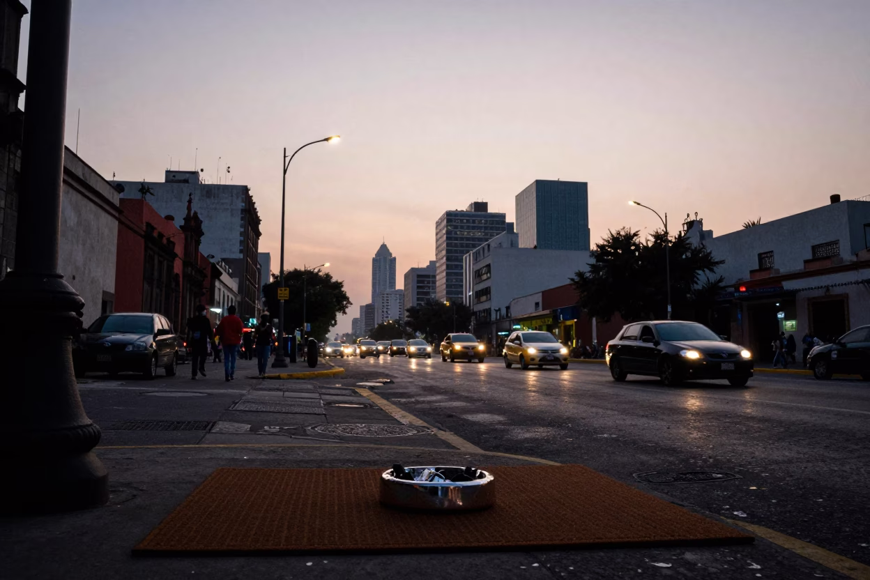 Early Evening Street Scene in Mexico City with Doormat and Ashtray Details in in Mexico City, Mexico