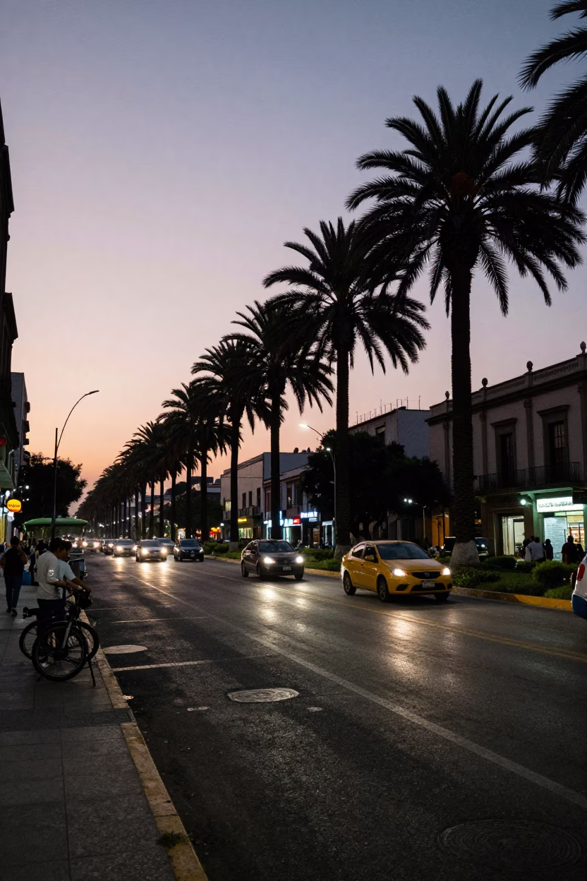 Early Evening Street Scene in Mexico City with Palm Trees and Local Activity in in Mexico City, Mexico